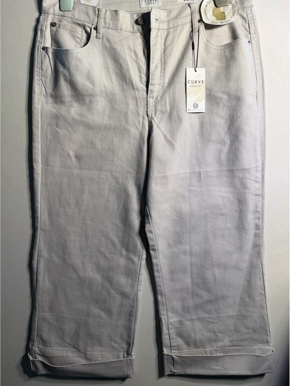 Curve Appeal Women’s White Denim Wide Leg Pants, High Rise, Stretch, Size 14